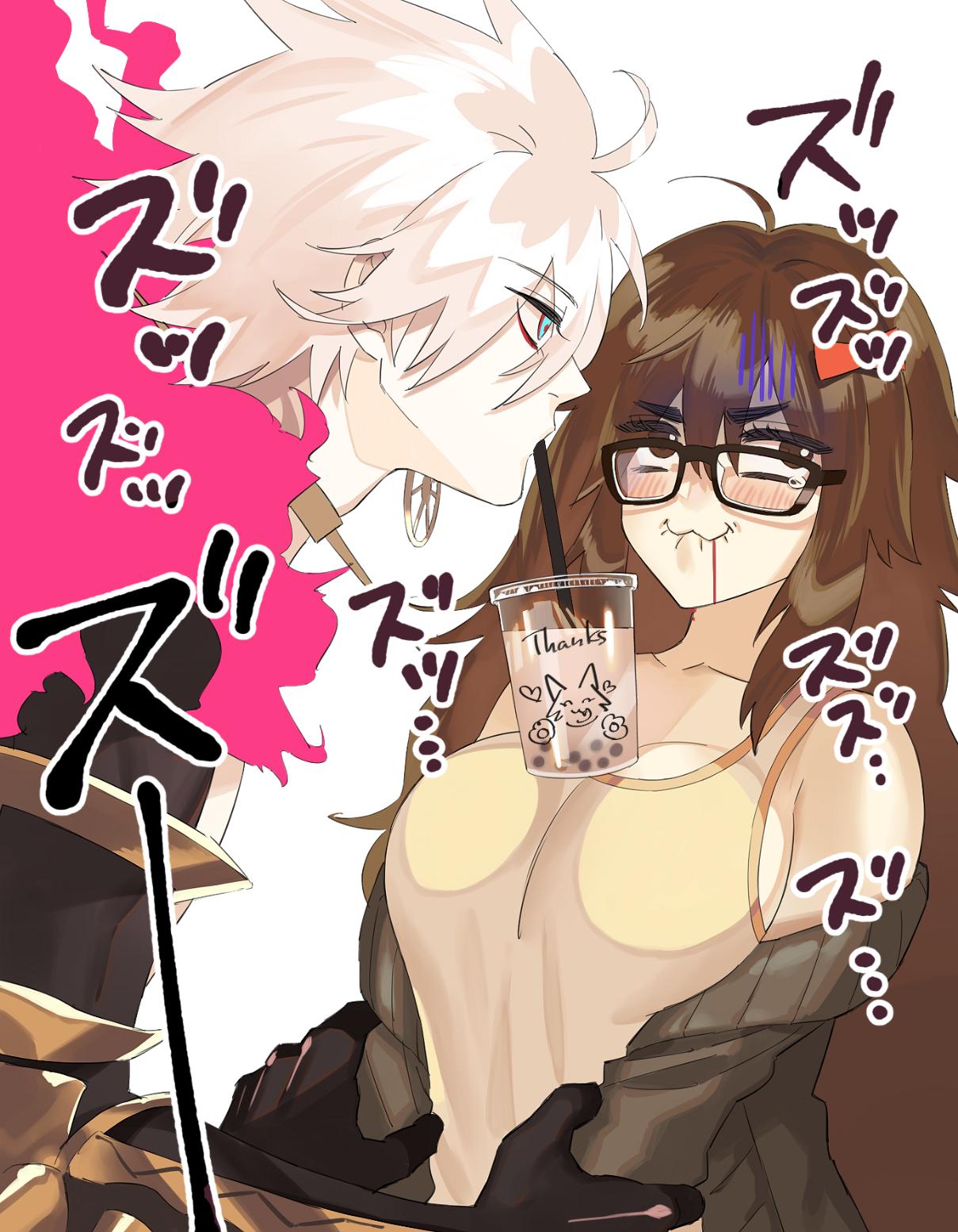 1boy, 1girl, biting, black-framed_eyewear, blue_eyes, blush, bow, breasts