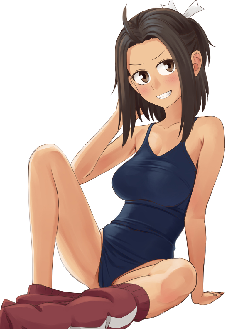 1girl, blush, breasts, brown_eyes, brown_hair, easy_(aqk7bdqt), hand_up, hazakura_hikari