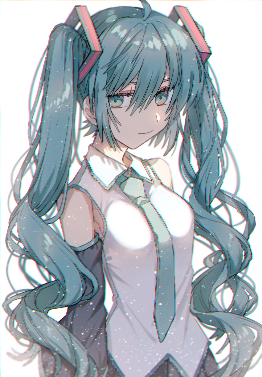 1girl, absurdres, aqua_eyes, aqua_hair, aqua_neckwear, bare_shoulders, black_skirt, blurry