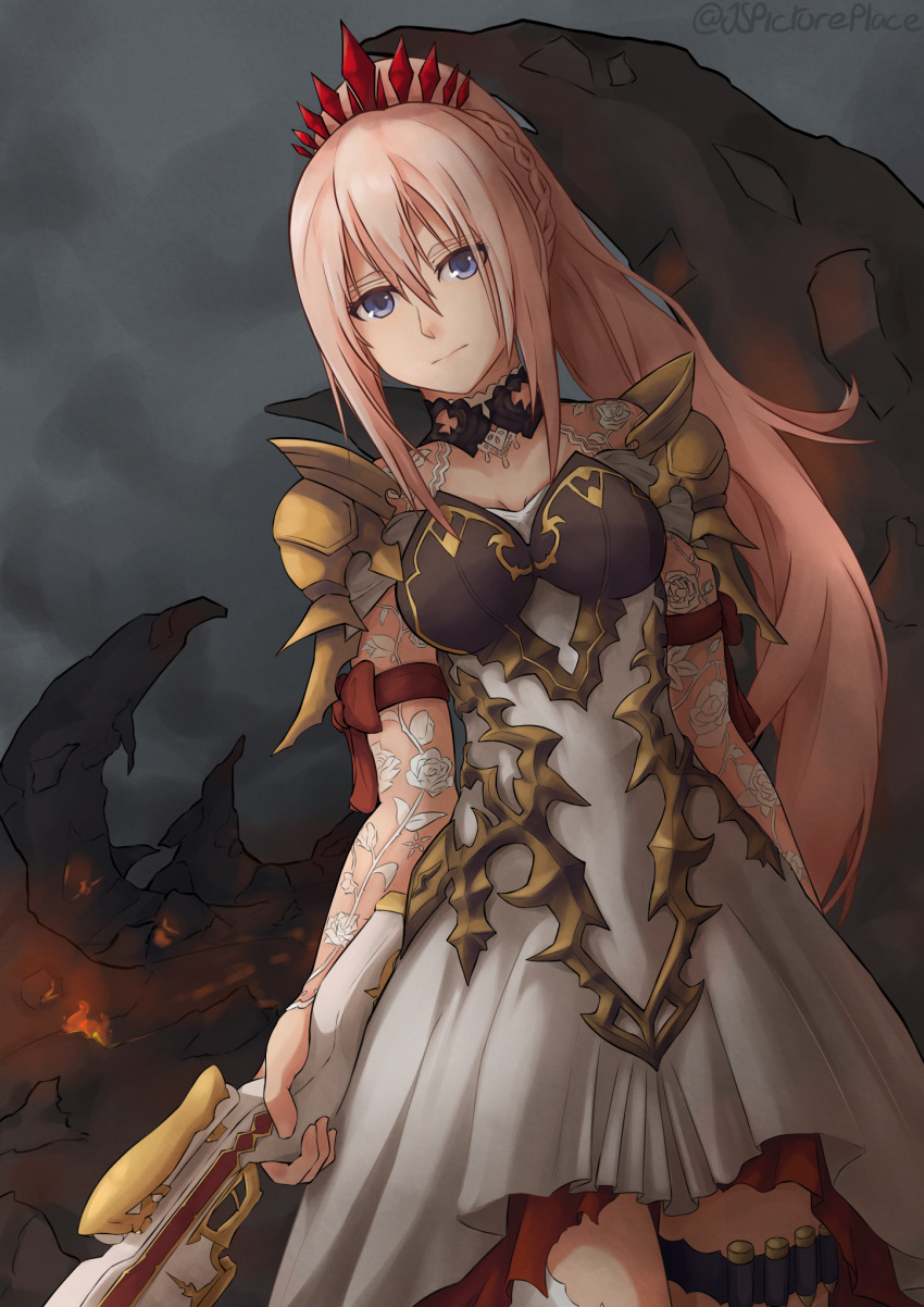 1girl, ammo, blue_eyes, breasts, closed_mouth, gun, highres, lace, large_breasts, pink_hair, shionne, solo, solo_focus, tales_of_(series), tales_of_arise, weapon