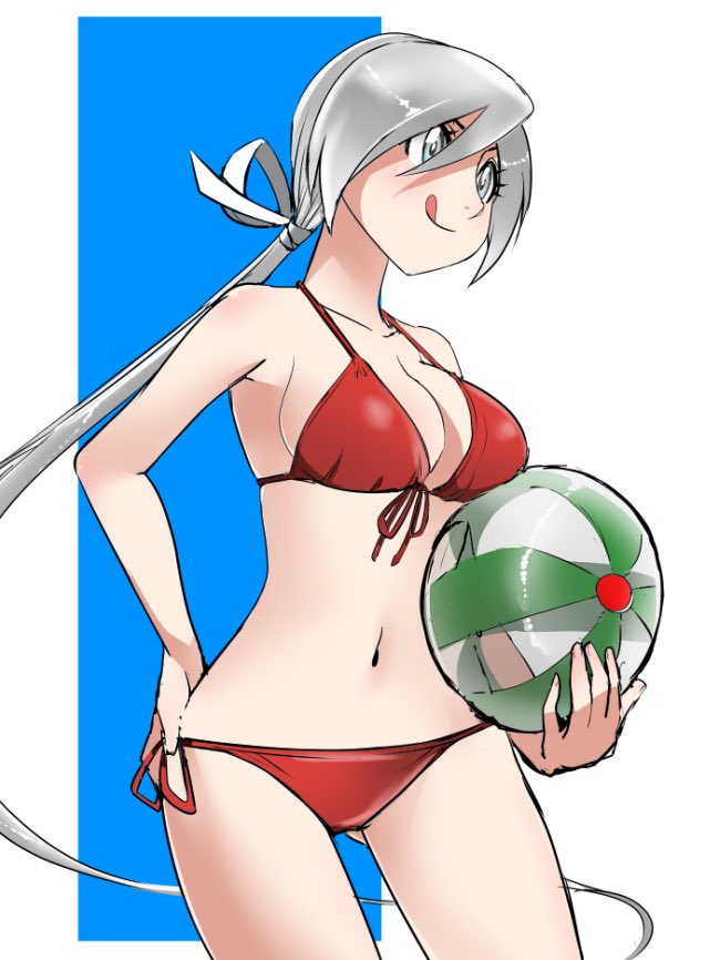 1girl, ass_visible_through_thighs, bikini, blue_background, blue_eyes, breasts, chitose_(kantai_collection), contrapposto, cowboy_shot, front-tie_top, grey_hair, kantai_collection, large_breasts, long_hair, low_ponytail, lowleg, lowleg_bikini, ponytail, red_bikini, side-tie_bikini, solo, swimsuit, tongue, tongue_out, two-tone_background, uzuki_kosuke, white_background