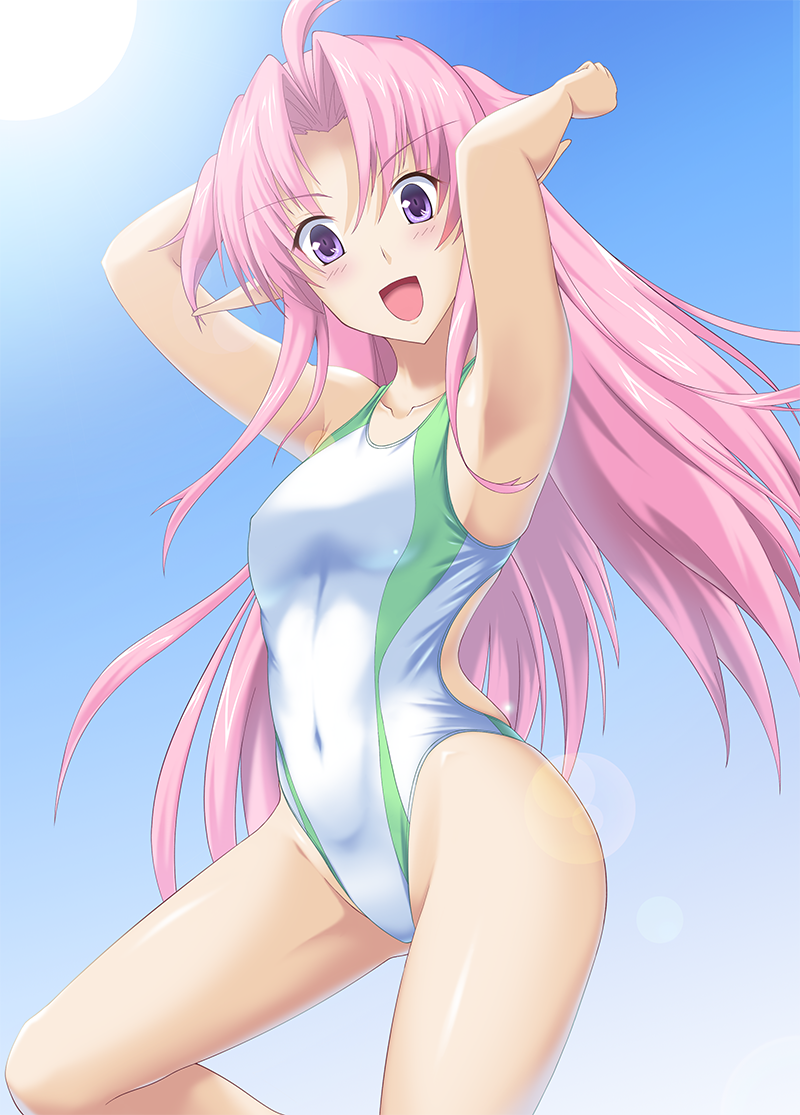 1girl, alicesoft, arms_behind_head, blue_sky, breasts, collarbone, commentary_request, competition_swimsuit