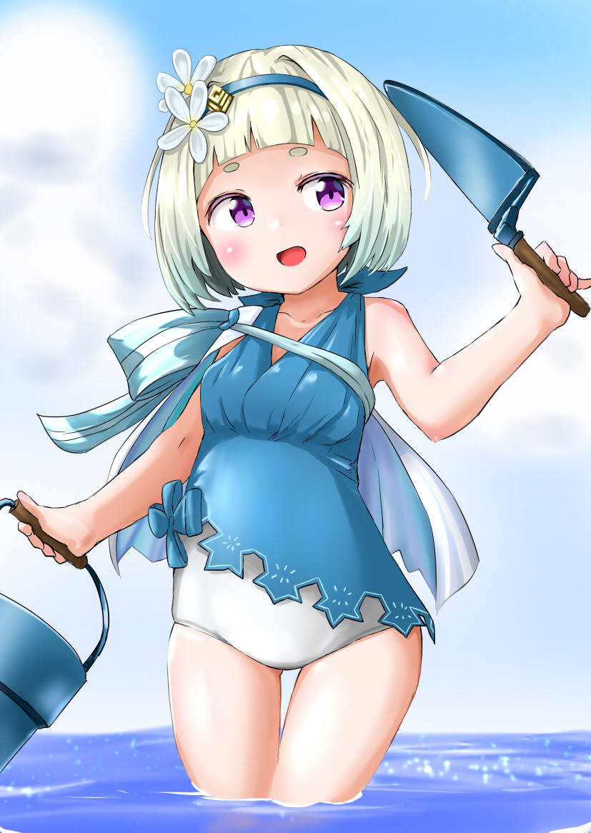 1girl, blue_hair, blue_sky, bucket, clouds, day, fire_emblem, fire_emblem_heroes