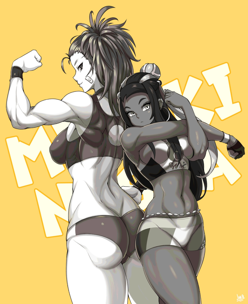 2girls, ass, backboob, bandaid, bandaid_on_face, bare_shoulders, beads, breasts