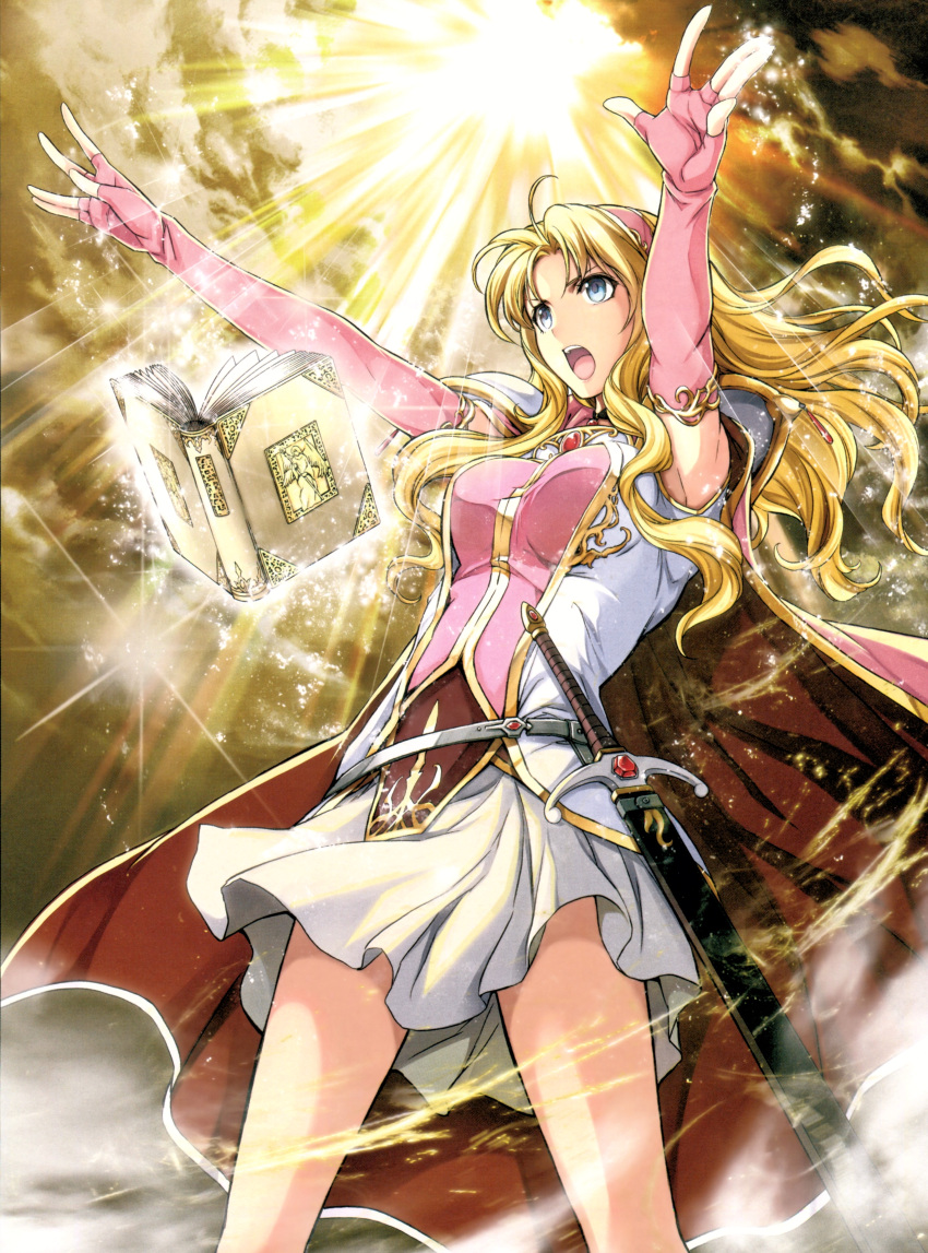 1girl, absurdres, ahoge, armor, bangs, belt, blonde_hair, blue_eyes, book, breasts, cape, clouds, cloudy_sky, elbow_gloves, fingerless_gloves, fire_emblem, fire_emblem:_hasha_no_tsurugi, fire_emblem_cipher, floating, floating_object, gloves, hairband, hands_up, highres, long_hair, magic, medium_breasts, official_art, open_book, open_mouth, outdoors, parted_bangs, pink_gloves, scan, sheath, shoulder_armor, shoulder_pads, skirt, sky, sleeveless, solo, sparkle, sunlight, sword, teeth, tiena, weapon, white_skirt, yamada_koutarou