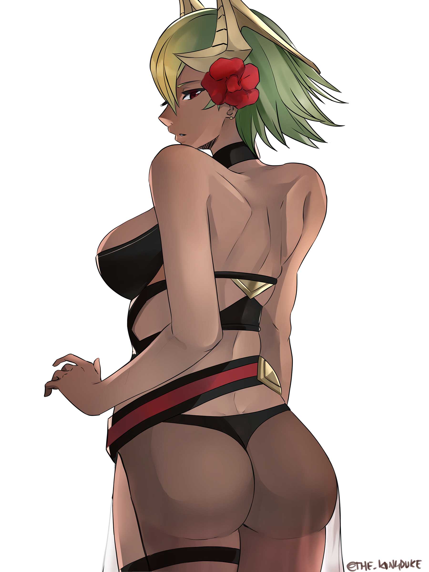 1girl, absurdres, ass, black_swimsuit, breasts, dark_skin, earrings, fire_emblem
