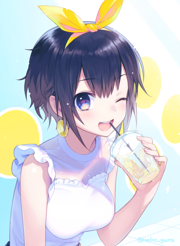 1girl, ;d, black_hair, blue_eyes, blush, breasts, cup, disposable_cup