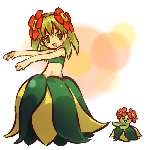 1girl, bandeau, bellossom, blonde_hair, blush_stickers, dancing, flower, grass_skirt, green_eyes, green_hair, hair_flower, hair_ornament, hitec, hula, midriff, moemon, navel, personification, pokemon, pokemon_(creature), pokemon_(game), pokemon_gsc, short_hair, simple_background, skirt, sleeveless, standing, tubetop