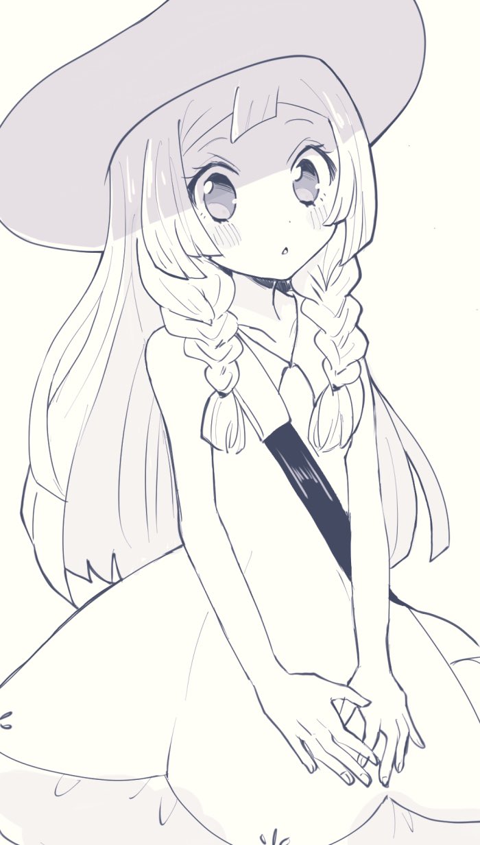 1girl, arouni22, braid, dress, greyscale, hat, highres, lillie_(pokemon)