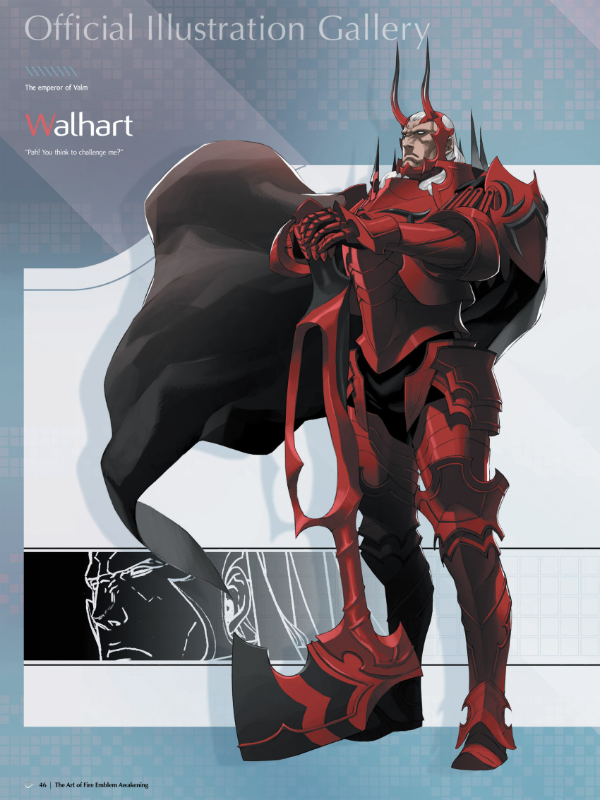 1boy, absurdres, armor, axe, battle_axe, black_cape, black_pants, cape