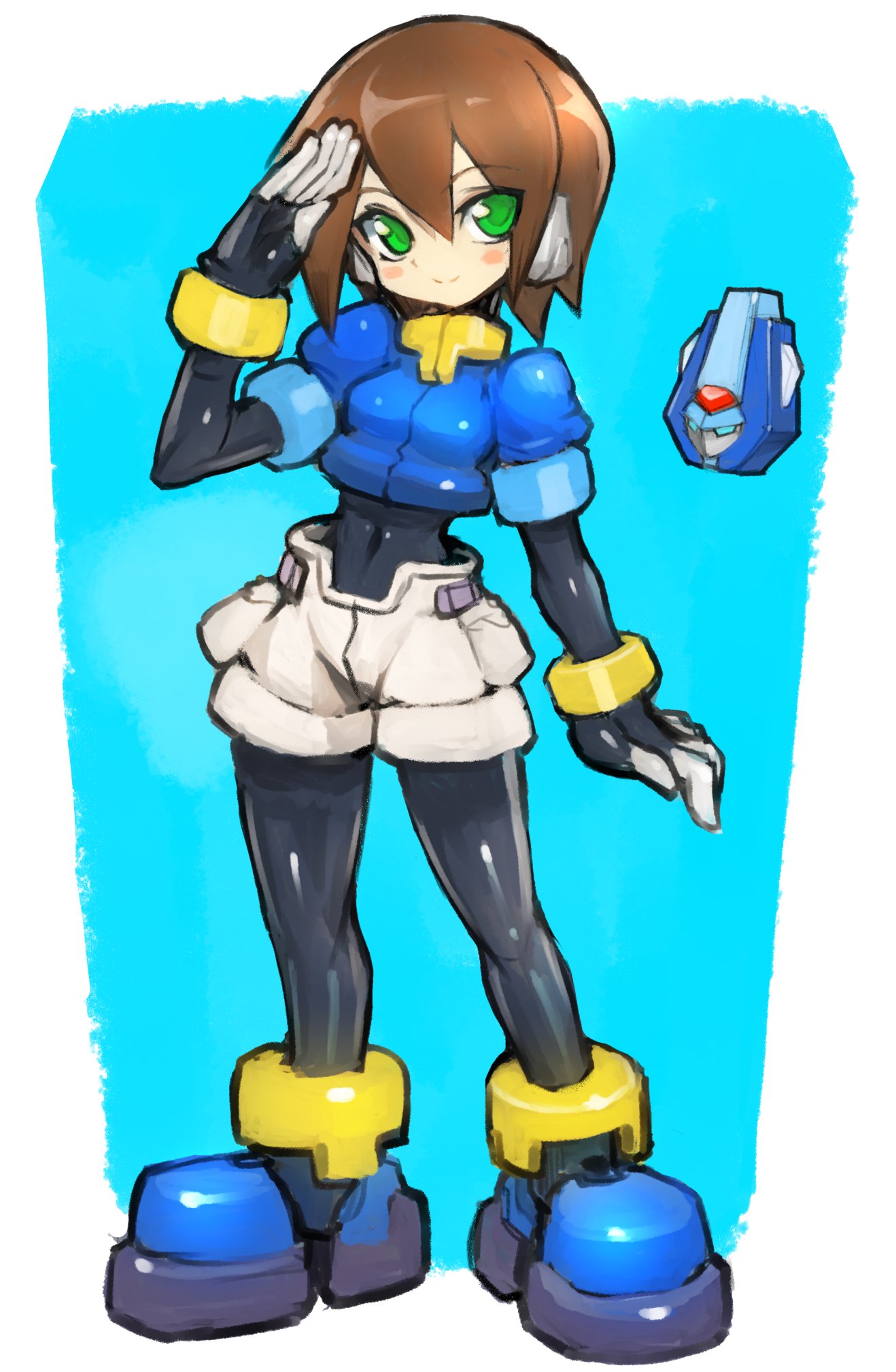 1girl, aile, bangs, blue_background, blue_footwear, blush, bodystocking, bracelet, brown_hair, dakusuta, full_body, green_eyes, hair_between_eyes, highres, jewelry, livemetal, model_x, puffy_short_sleeves, puffy_sleeves, robot_ears, rockman, rockman_zx, salute, short_hair, short_shorts, short_sleeves, shorts, simple_background, smile, solo, standing, white_shorts