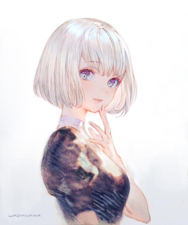 1girl, artist_name, blue_eyes, blush, breasts, eyebrows_visible_through_hair, finger_to_face, gradient