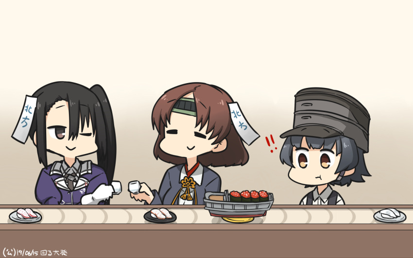 !!, 3girls, arare_(kantai_collection), black_hair, blouse, brown_eyes, brown_hair, chiyoda_(kantai_collection)