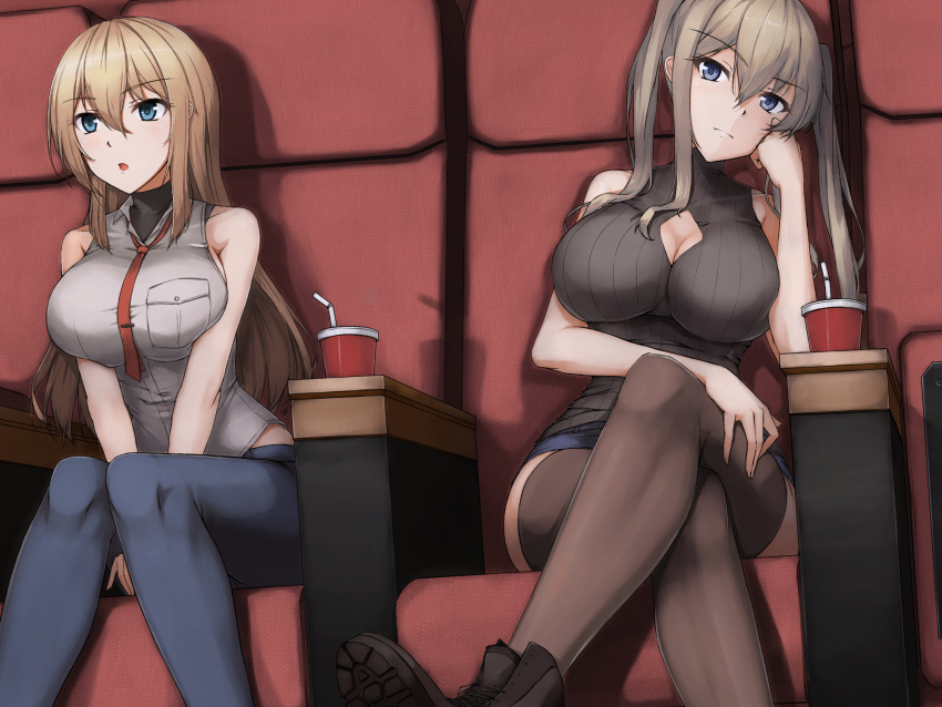 2girls, alternate_costume, bare_shoulders, bismarck_(kantai_collection), blonde_hair, blue_eyes, blue_pants, boots, breasts, brown_footwear, brown_legwear, brown_shirt, chair, cleavage_cutout, cup, disposable_cup, drinking_straw, ghound, graf_zeppelin_(kantai_collection), grey_eyes, hair_between_eyes, highres, kantai_collection, large_breasts, long_hair, multiple_girls, pants, shirt, sidelocks, sitting, sleeveless, sleeveless_shirt, thigh-highs, twintails, white_shirt
