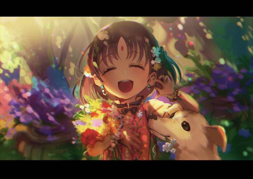 1girl, asha_(fate), bindi, black_bow, black_hair, bow, braid, closed_eyes