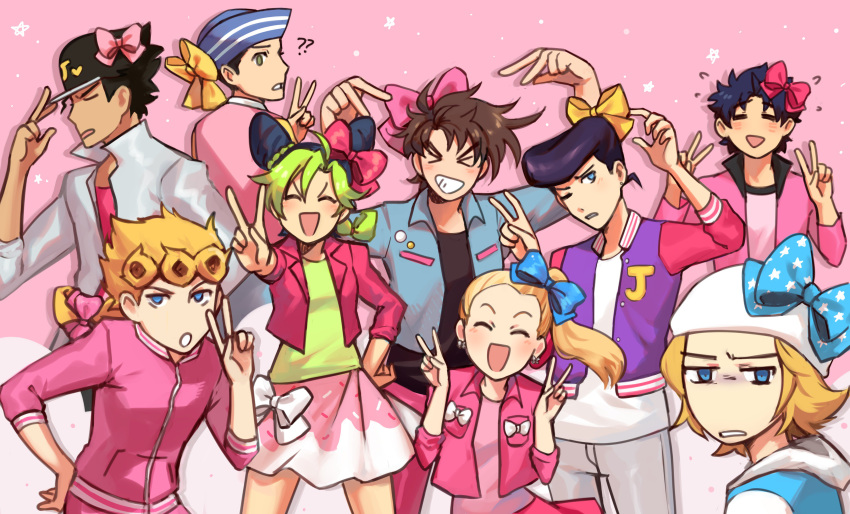 >_<, 2girls, 6+boys, ??, absurdres, annoyed, bangs, battle_tendency