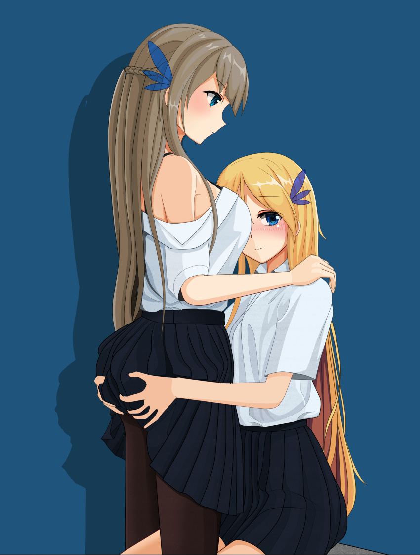 absurdres, ass_grab, black_legwear, blonde_hair, blue_background, blue_eyes, blue_skirt, blush