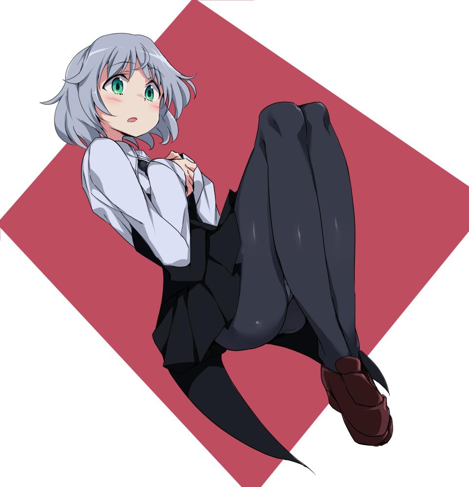 1girl, ass, blush, border, brown_footwear, buta-don, dutch_angle, green_eyes