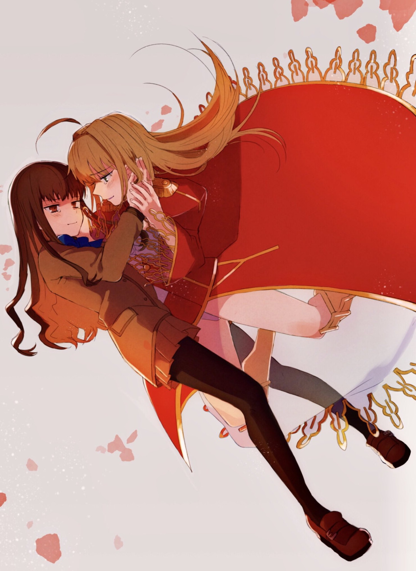 2girls, ahoge, armor, blush, brown_hair, crying, epaulettes, fate/extra, fate_(series), hand_in_another's_hair, highres, kishinami_hakuno_(female), long_hair, multiple_girls, nero_claudius_(fate), nero_claudius_(fate)_(all), pantyhose, red_eyes, stbntotoi, thighs, type-moon, white_background