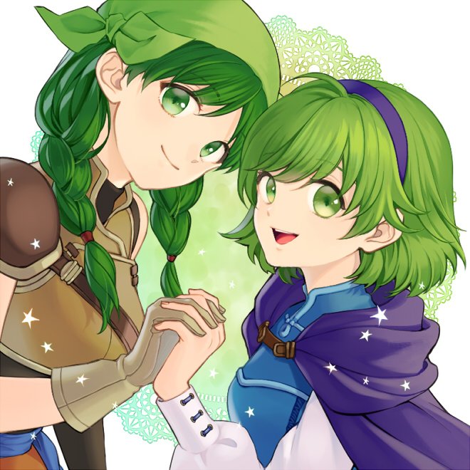2girls, armor, bandana, blue_eyes, blush, braid, cape, fingerless_gloves, fire_emblem, fire_emblem:_rekka_no_ken, gloves, green_eyes, green_hair, hair_over_shoulder, hairband, long_hair, looking_at_viewer, multiple_girls, nino_(fire_emblem), open_mouth, purple_hairband, rebecca_(fire_emblem), short_hair, smile, twin_braids, twintails, youheiogm