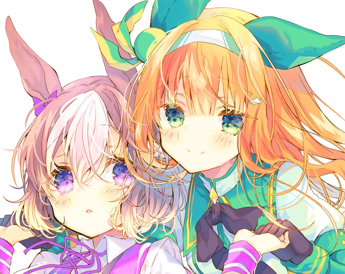2girls, animal_ears, bangs, black_gloves, blush, bow, brown_hair, closed_mouth