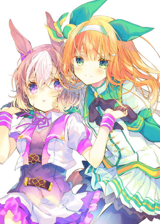 2girls, animal_ears, bangs, black_gloves, blush, bow, brown_hair, brown_vest