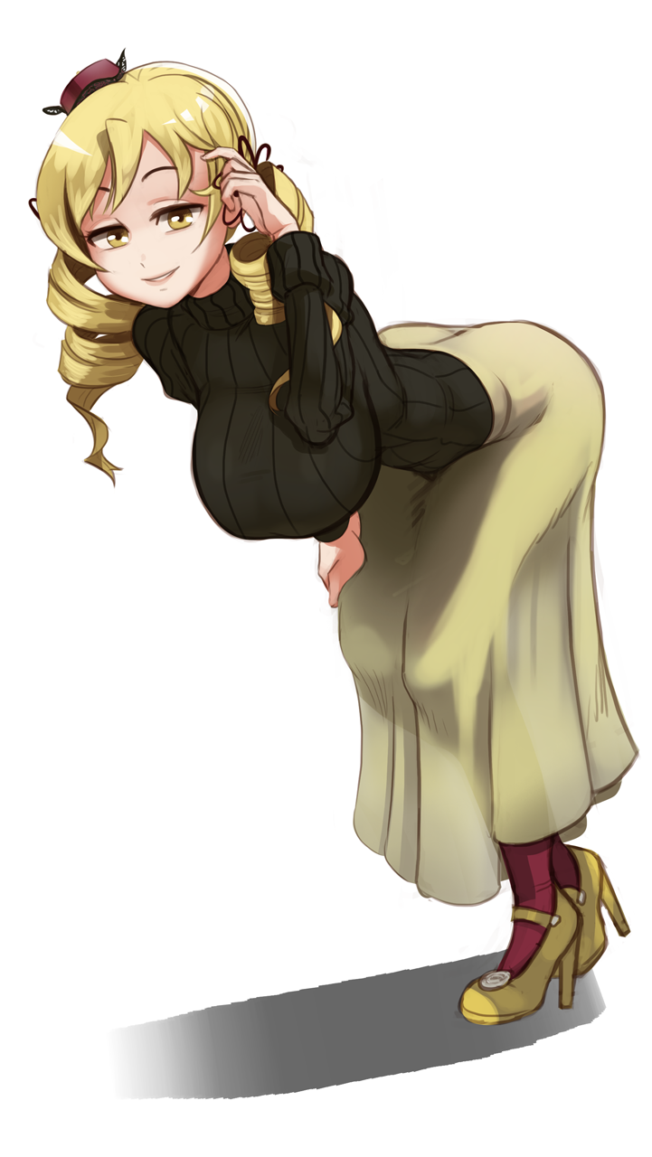 1girl, bent_over, black_sweater, blonde_hair, breasts, commission, drill_hair, full_body