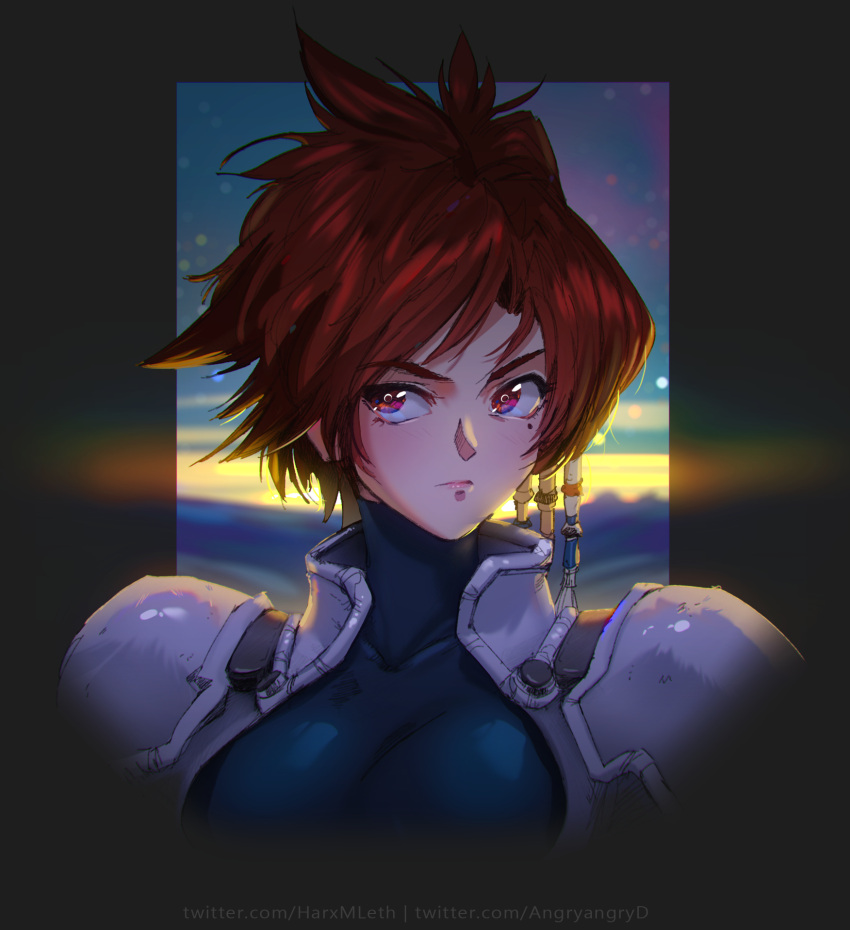 1girl, 90s, backlighting, blush, bodysuit, breasts, brown_eyes, brown_hair, collaboration, collarbone, colorized, commentary, david_liu, english_commentary, eyebrows, hair_tubes, highres, iria_(iria_zeiram_the_animation), iria_zeiram_the_animation, looking_to_the_side, mathias_leth, mole, mole_under_eye, portrait, short_hair, shoulder_pads, skin_tight, solo, twitter_username, zeiram_2