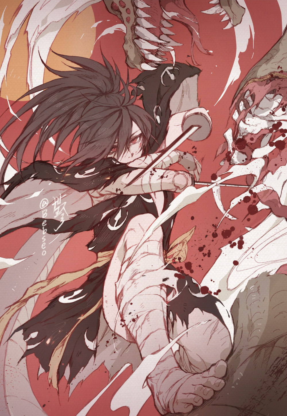 1boy, amputee, bandaged_arm, bandaged_leg, bandages, barefoot, bebseo, biting, black_hair, blade, bleeding, blood, blood_on_face, bone, cutting, dororo_(tezuka), expressionless, flesh, forked_tongue, hair_between_eyes, highres, hyakkimaru_(dororo), japanese_clothes, male_focus, medium_hair, open_mouth, ponytail, red_background, red_eyes, reptile, saliva, scales, signature, slit_pupils, solo, spine, sun, teeth, tied_hair, tongue, torn_clothes, twitter_username, weapon
