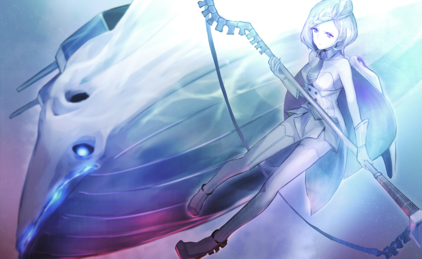 1girl, abyssal_pacific_hime, animal, bangs, blue_whale, bob_cut, breasts, cape