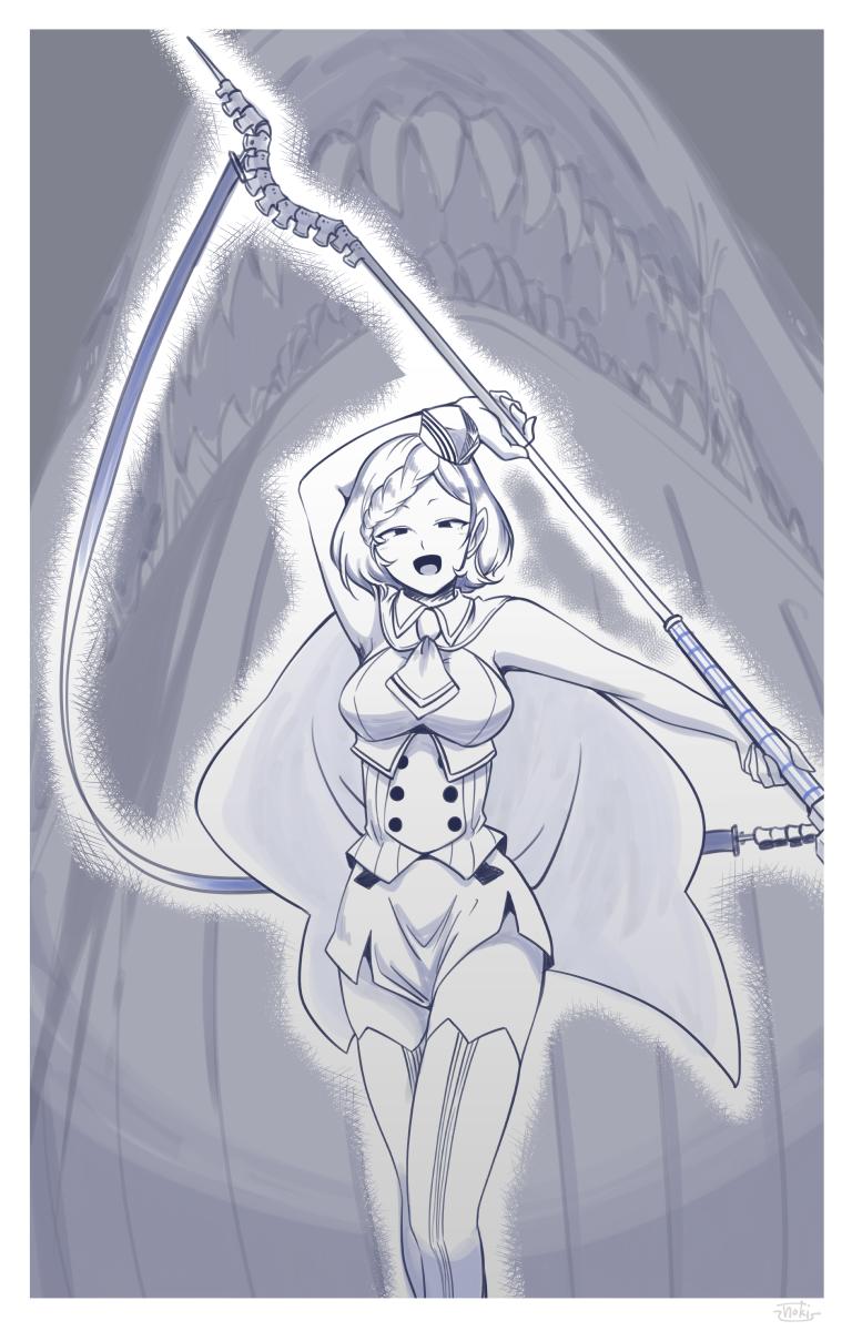 1girl, abyssal_pacific_hime, animal, bangs, blue_whale, bob_cut, breasts, cape