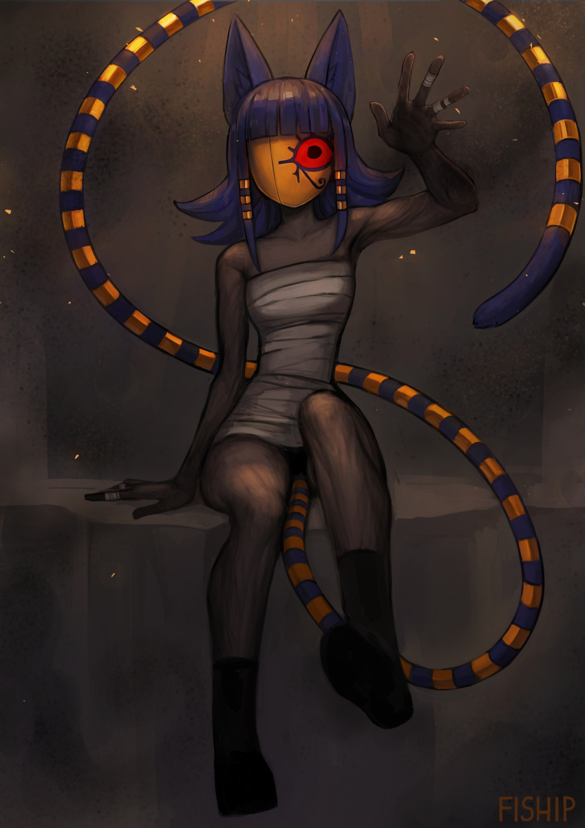 1girl, absurdres, animal_ear_fluff, animal_ears, artist_name, bandaged_fingers, bandages, bangs, between_legs, black_legwear, blunt_bangs, collarbone, commentary, dark_skin, dress, flipped_hair, full_body, ghastet, hand_up, highres, long_hair, long_tail, looking_at_viewer, mask, matilda_fiship, open_mouth, original, purple_hair, red_sclera, sitting, socks, solo, strapless, strapless_dress, striped_tail, tail, tail_between_legs, teeth, white_hair