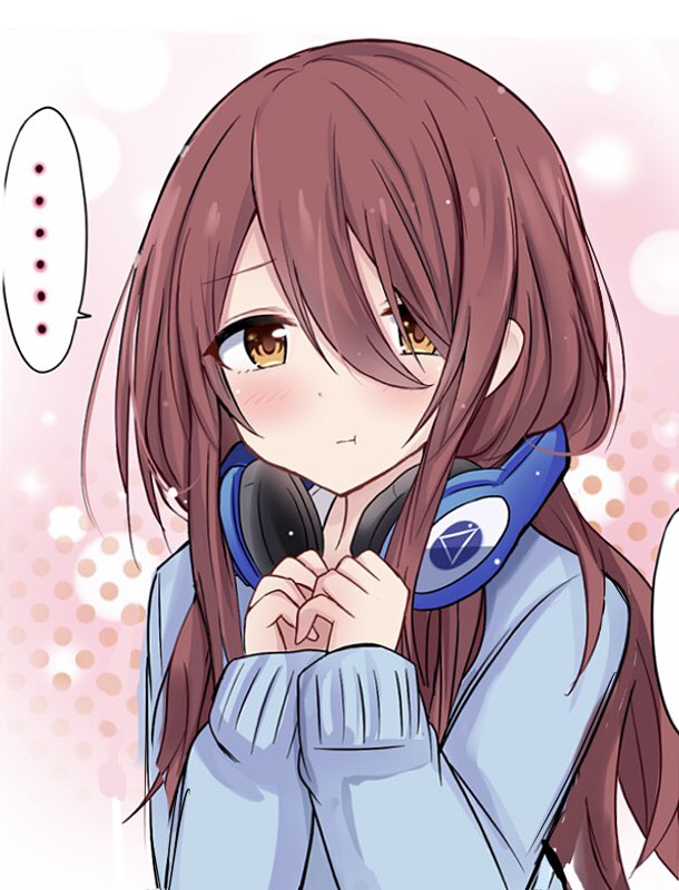 1girl, brown_hair, commentary, cosplay, go-toubun_no_hanayome, hair_between_eyes, headphones, headphones_around_neck, idolmaster, idolmaster_shiny_colors, long_hair, long_sleeves, looking_at_viewer, nakano_miku, nakano_miku_(cosplay), oosaki_tenka, pout, school_uniform, shineka, solo, upper_body, yellow_eyes