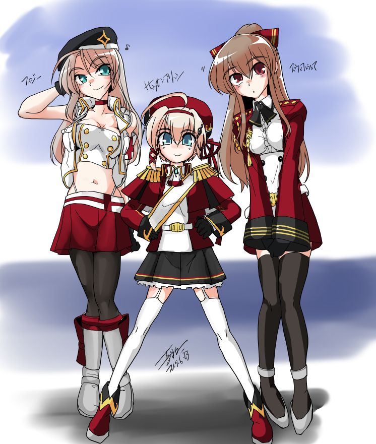 3girls, ahoge, azur_lane, bangs, black_gloves, black_skirt, blonde_hair, blush
