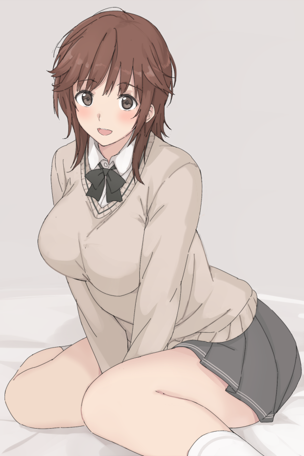 1girl, :d, amagami, beige_background, between_legs, black_skirt, blush, bow