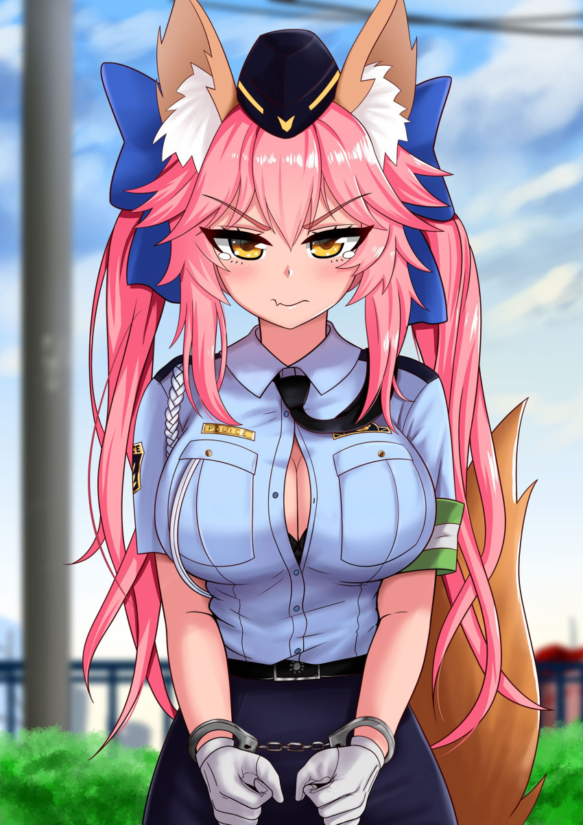 1girl, absurdres, animal_ear_fluff, animal_ears, black_neckwear, black_skirt, blue_bow, blue_shirt