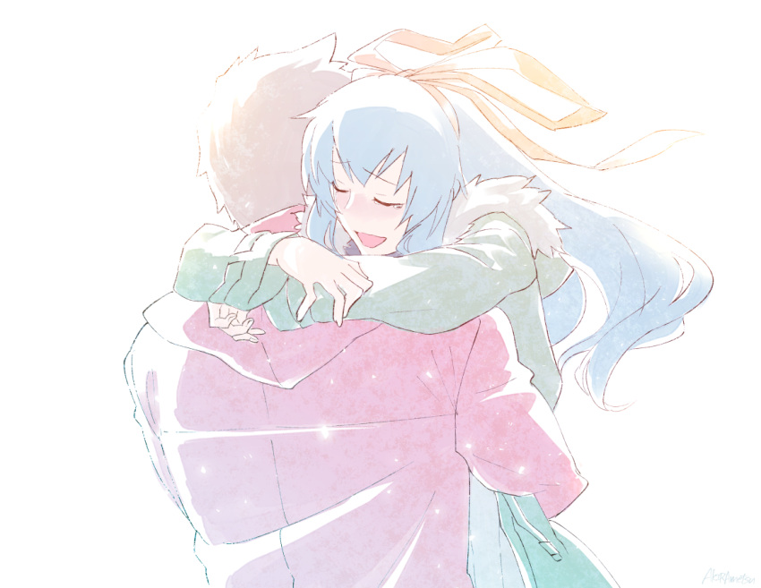 1boy, 1girl, akirametsu, blue_hair, brown_hair, closed_eyes, fur_trim, hair_ribbon