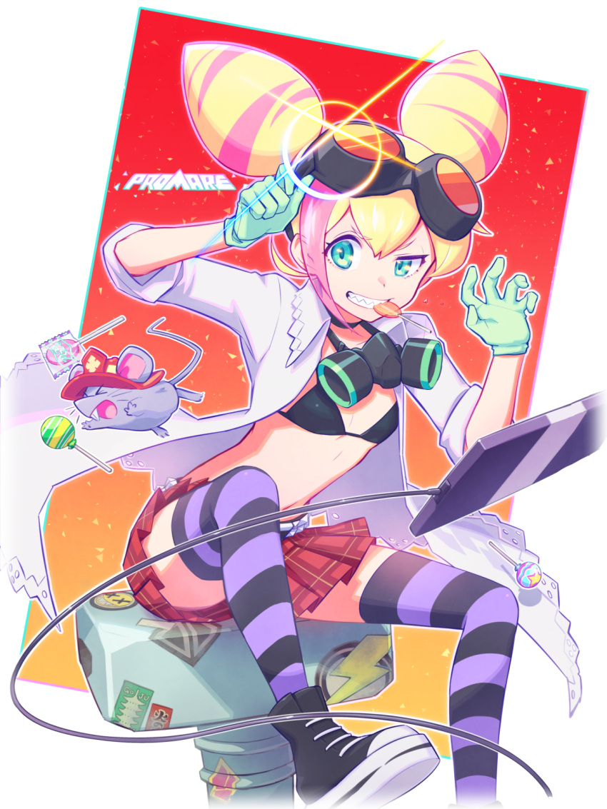 1girl, bikini_top, blonde_hair, blue_eyes, computer, double_bun, gas, gas_mask
