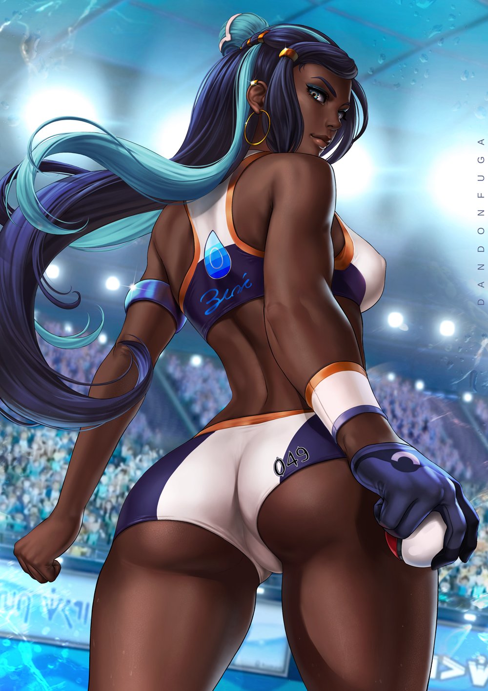 1girl, armlet, ass, black_hair, blue_eyes, blue_hair, commentary, dandon_fuga