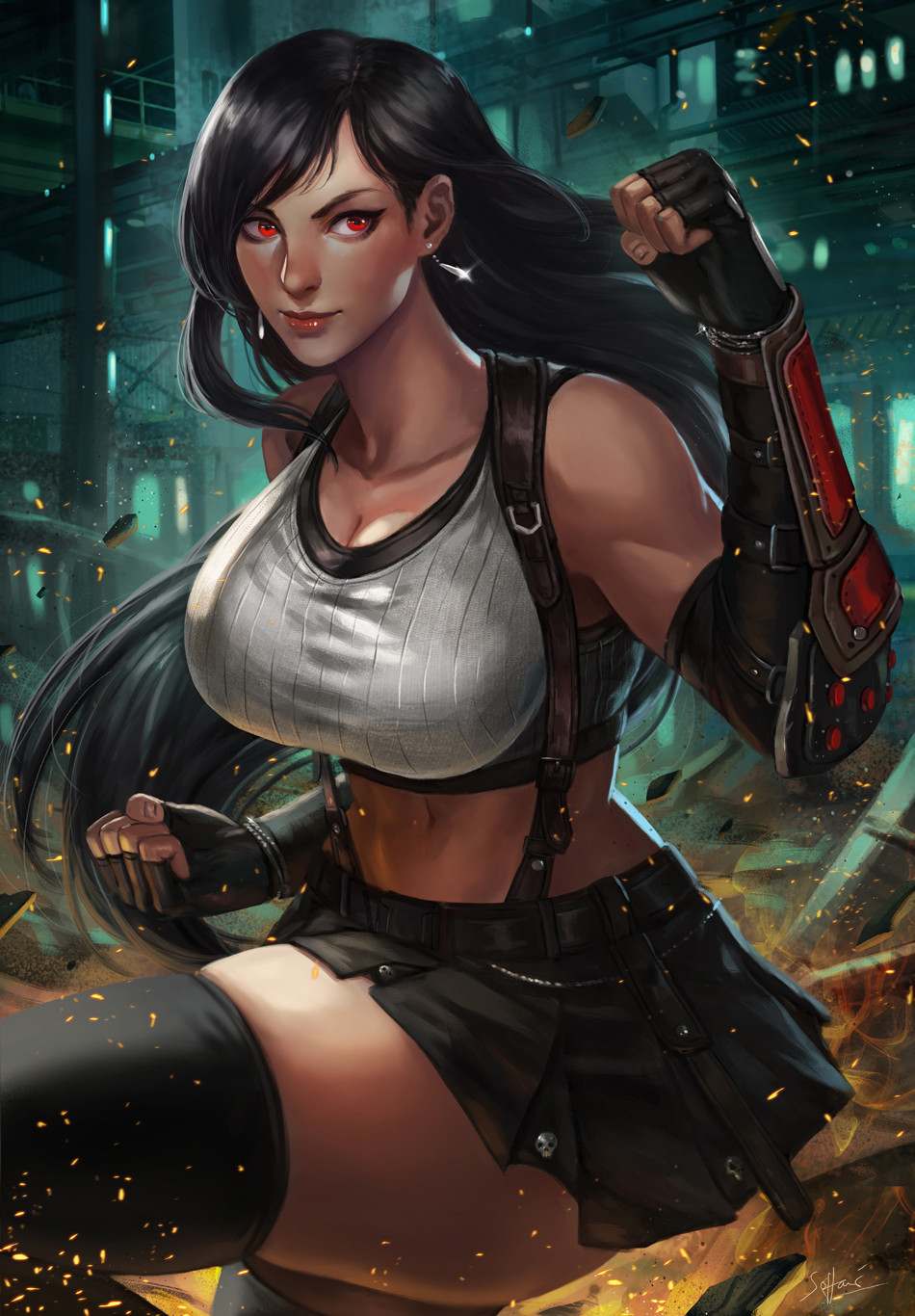 1girl, arm_guards, black_legwear, black_skirt, breasts, clenched_hands, collarbone, earrings
