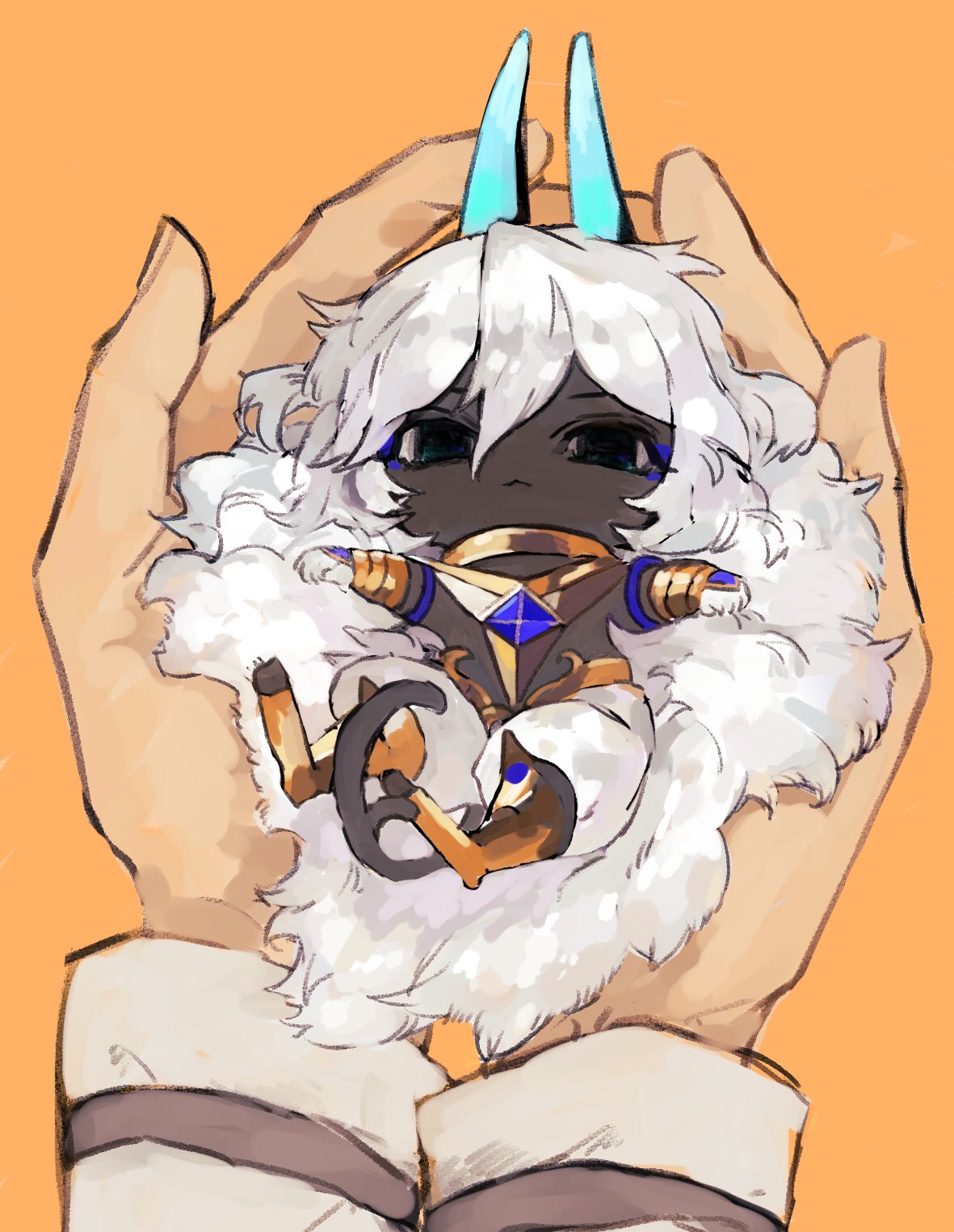 1boy, arjuna_alter, black_eyes, blue_horns, cat_tail, chibi, closed_mouth, dark_skin