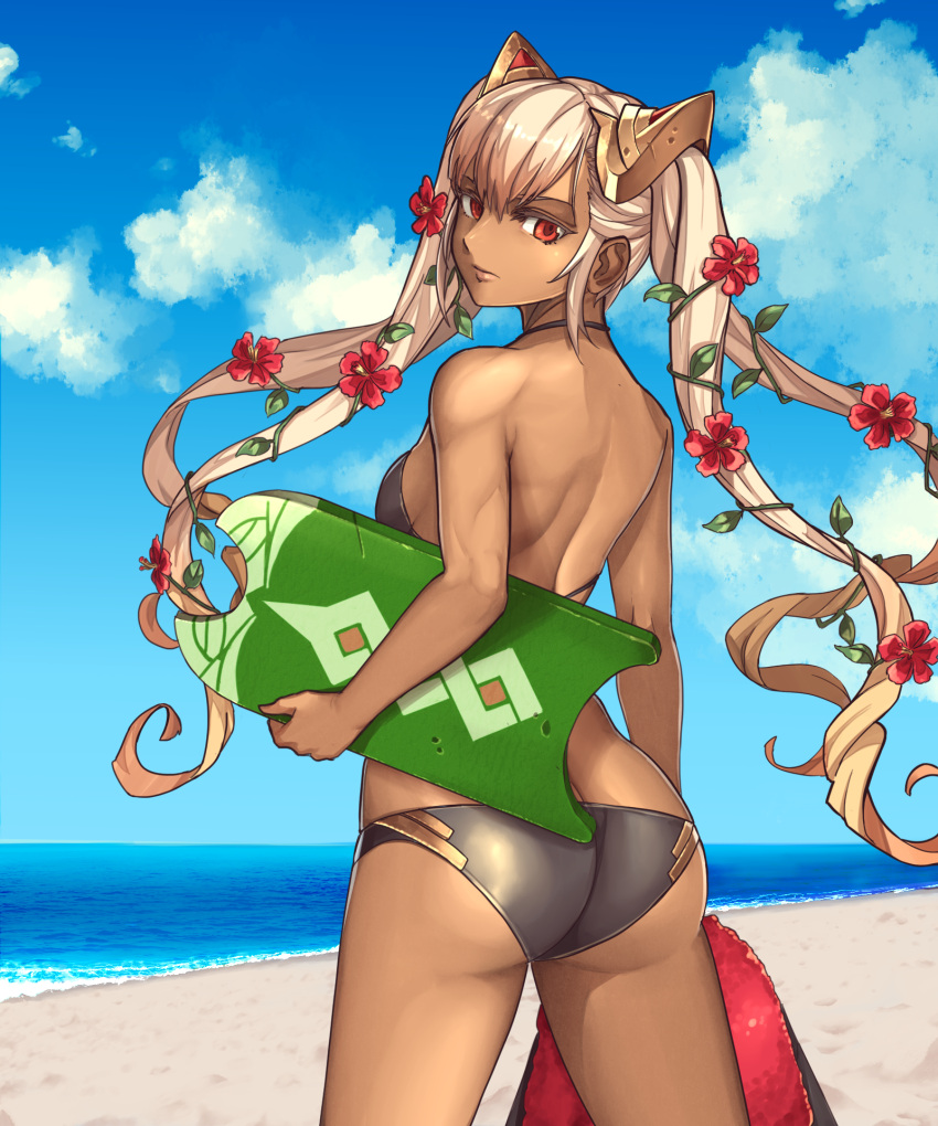 1girl, alba, ass, backless_outfit, beach, bikini, black_bikini, black_swimsuit