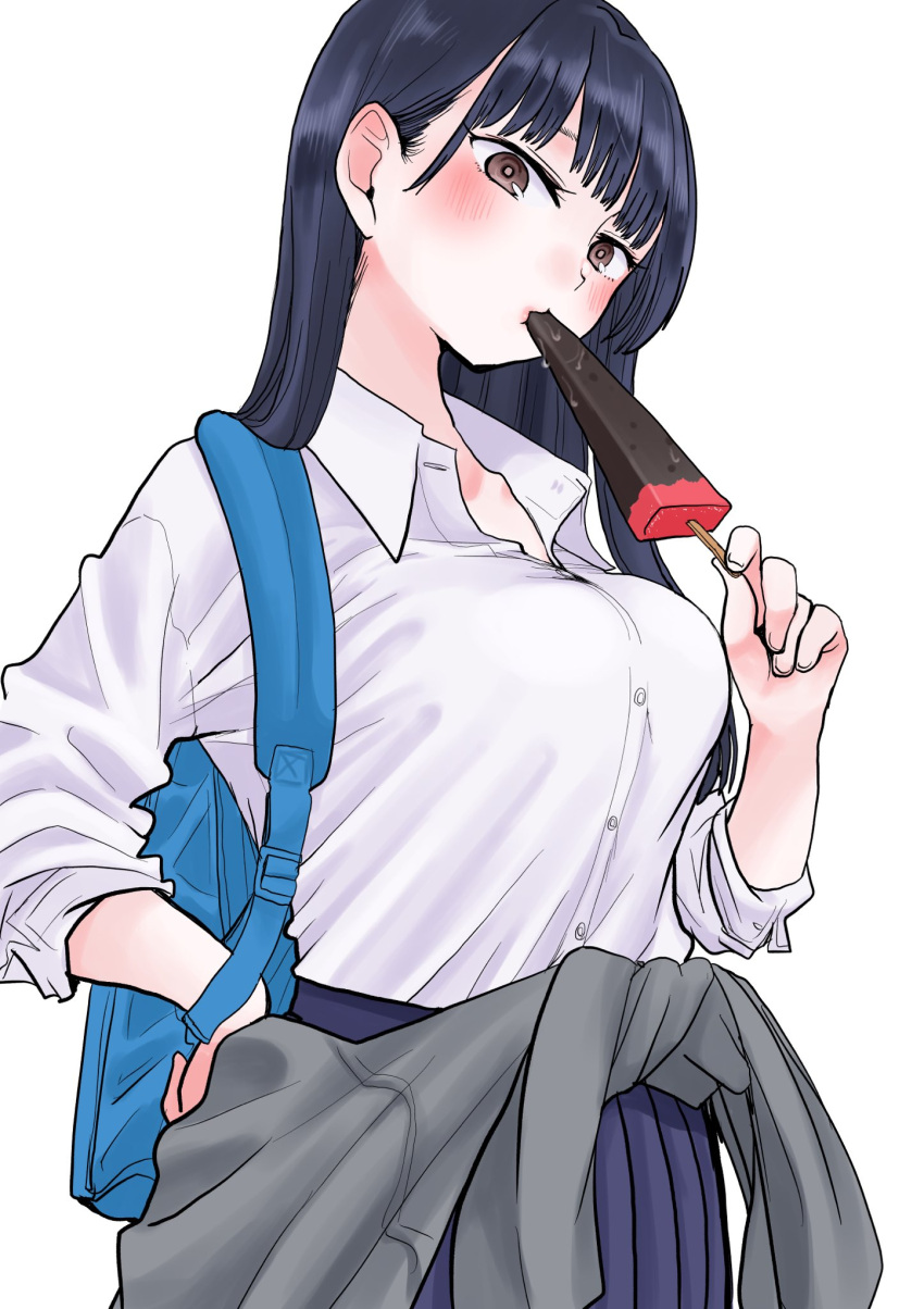 1girl, bag, bangs, black_hair, blunt_bangs, blush, breasts, chocolate, clothes_around_waist, collared_shirt, food, half-closed_eyes, hand_on_hip, highres, large_breasts, long_hair, long_sleeves, looking_at_viewer, lovely_pig328, original, pleated_skirt, popsicle, saliva, school_uniform, shirt, simple_background, skirt, sleeves_rolled_up, solo, white_background