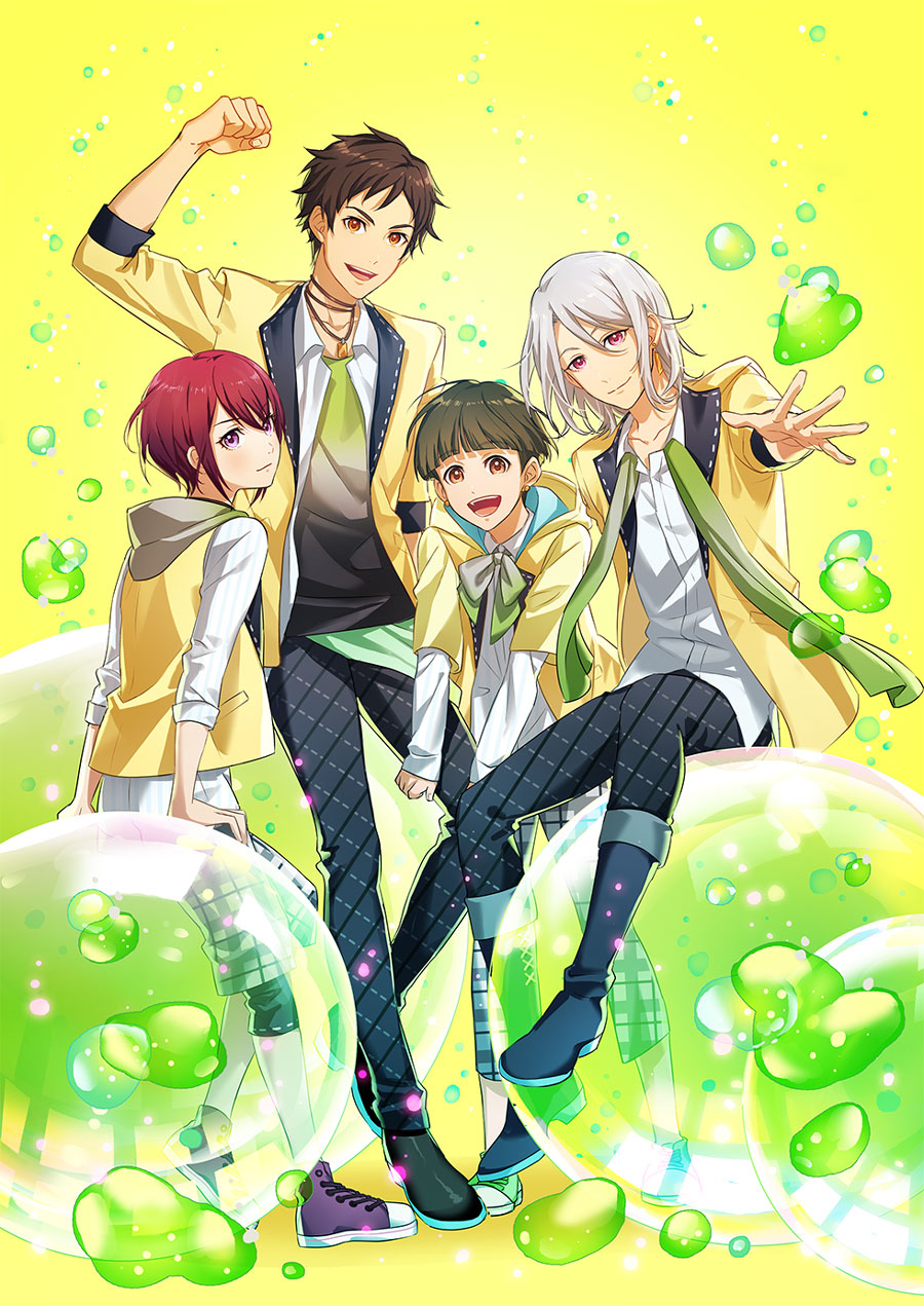 4boys, akashi_tatsuma, ayasaki_komugi, blush, bowl_cut, brown_hair, highres, idol_clothes