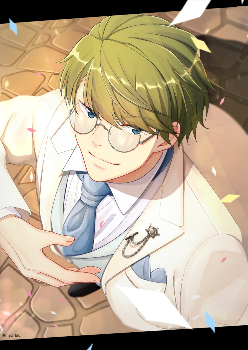 1boy, a3!, blue_eyes, blue_neckwear, brown_hair, cobblestone, confetti, formal, from_above, glasses, highres, looking_at_viewer, looking_up, mag_blg, male_focus, necktie, smile, solo, standing, suit, white_suit