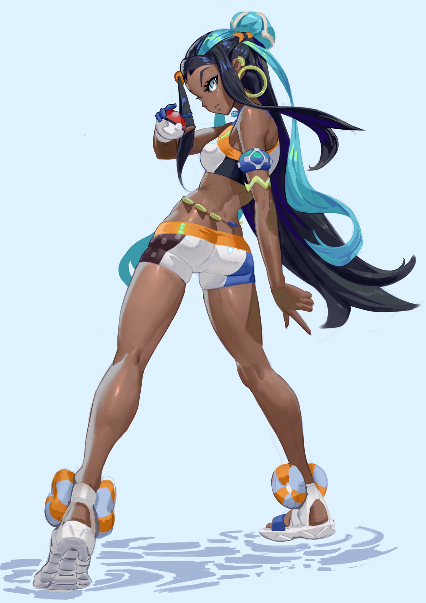 1girl, arm_strap, athungkaew, bare_shoulders, belly_chain, blue_eyes, blue_hair, crop_top, dark_skin, earrings, full_body, gloves, hair_ornament, highres, hoop_earrings, jewelry, legs, midriff, poke_ball, pokemon, pokemon_(game), pokemon_swsh, rurina_(pokemon), sandals, short_shorts, shorts, single_glove, solo, sportswear