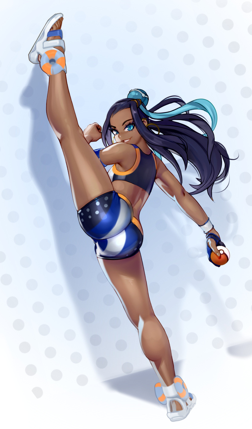 1girl, absurdres, aqua_eyes, aqua_hair, ass, dark_blue_hair, dark_skin, full_body