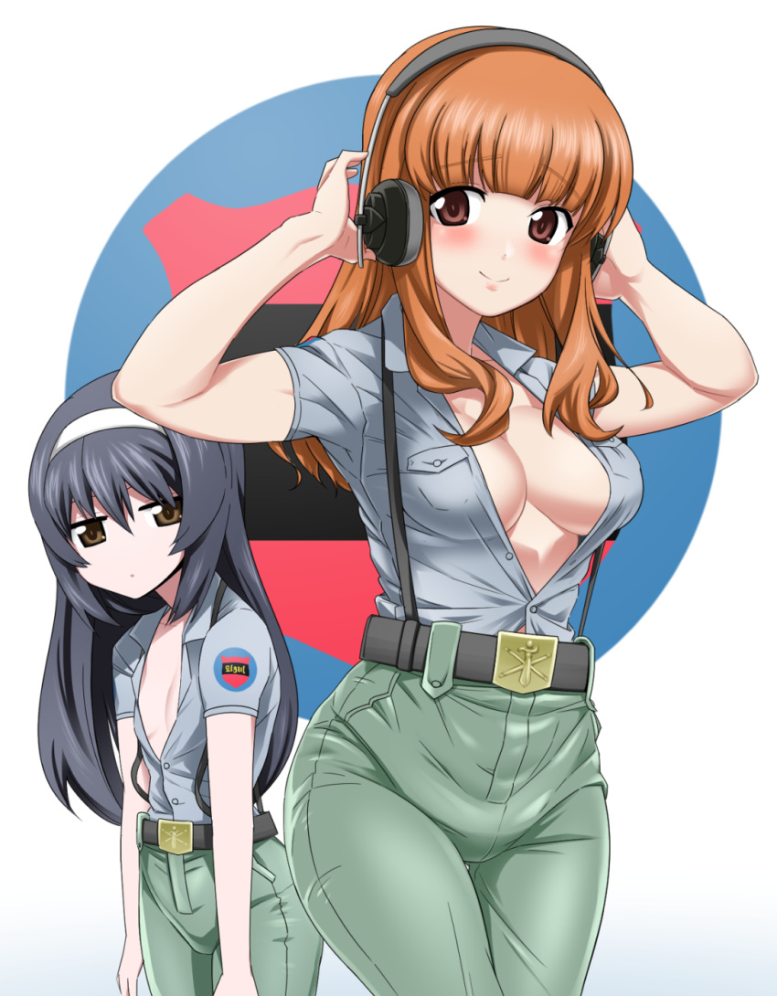 2girls, :o, adapted_costume, aoshidan_(emblem), aoshidan_school_uniform, bangs, belt, belt_buckle