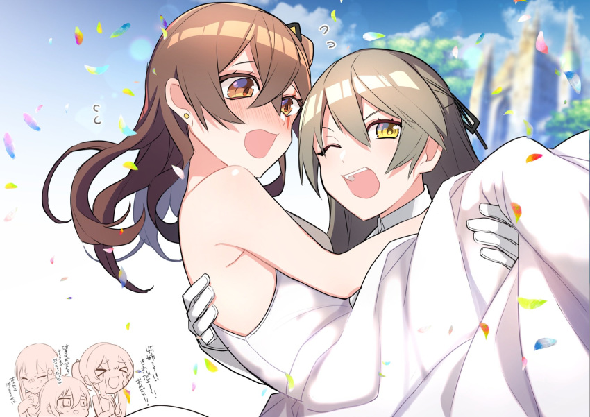 404_(girls_frontline), 5girls, brown_eyes, carrying, commentary_request, dress, g11_(girls_frontline), girls_frontline