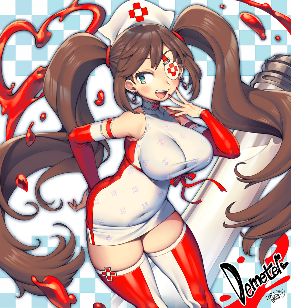 1girl, bangs, blood, blue_eyes, blush, breasts, brown_hair, character_name